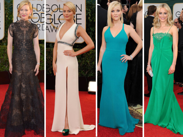 SVART, HVITT OG FARGER: Cate Blanchett i svart, Margot Robbie i hvitt, Reese Witherspoon i turkis og Taylor Schilling i grønt. Foto: All Over Press SVART, HVITT OG FARGER: Cate Blanchett i svart, Margot Robbie i hvitt, Reese Witherspoon i turkis og Taylor Schilling i grønt. Foto: All Over Press